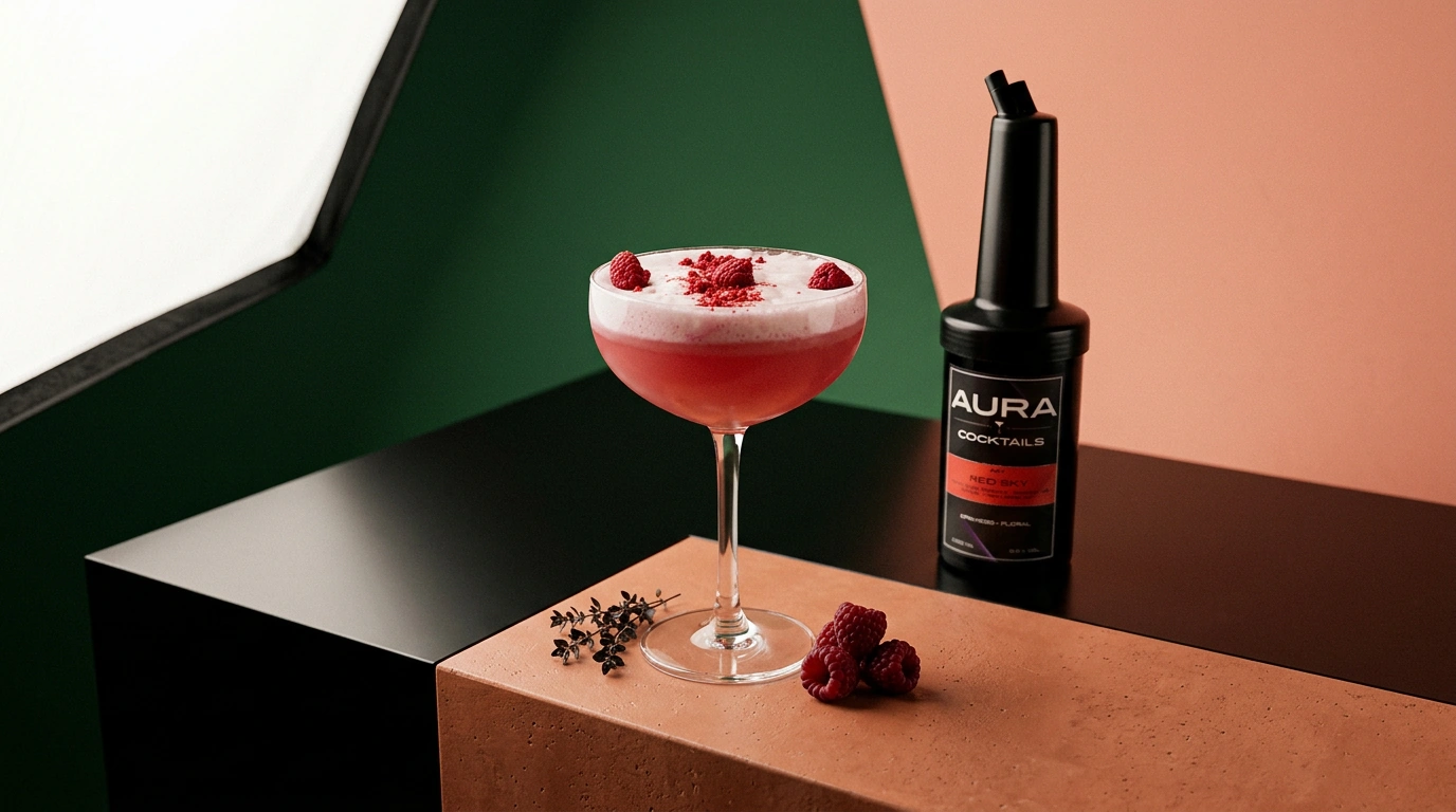 Cocktail y botella AURA en un set editorial premium